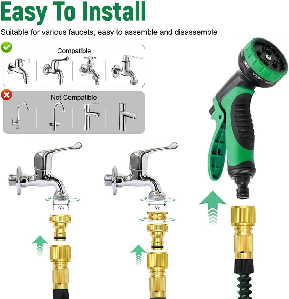 Furtun flexibil de grădină 30m/100ft verde, cu duză de pulverizare și conectori din alamă de 3/4" și 1/2", furtun de apă extensibil cu 10 funcții, extensibil de 3 ori, fără îndoituri, pentru grădină, podea, terasă, mașină