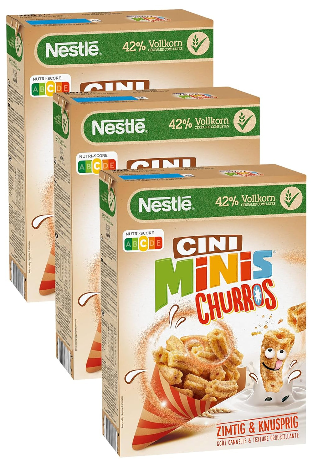 Cereal de desayuno Churros con 42% de contenido de cereales integrales, paquete de 3 (1x360 g)