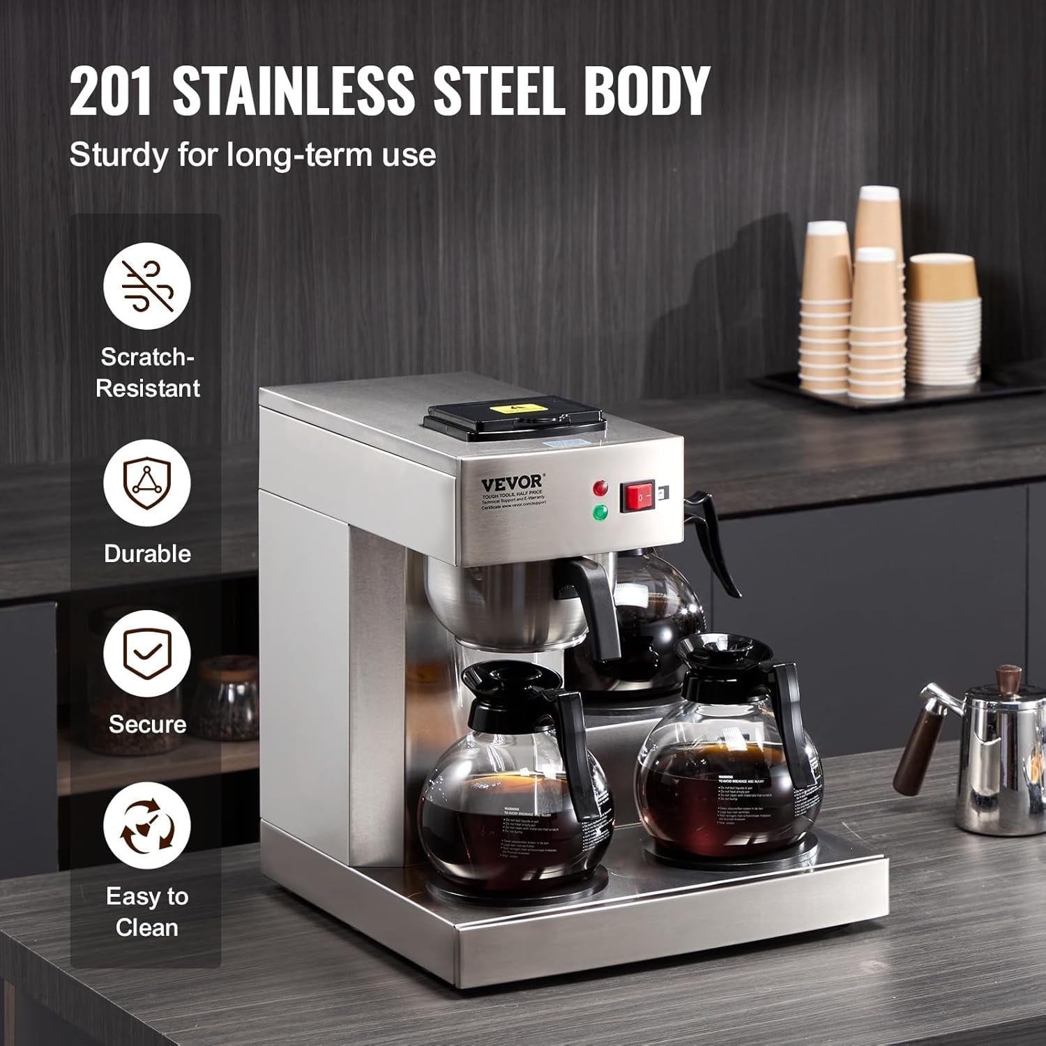VEVOR Espressor comercial cu filtru pentru 12 căni, espressor cu 3 carafe de sticlă și 3 plăci de încălzire, espressor din oțel inoxidabil cu alimentare automată cu apă, pentru restaurante, birouri, cafenele