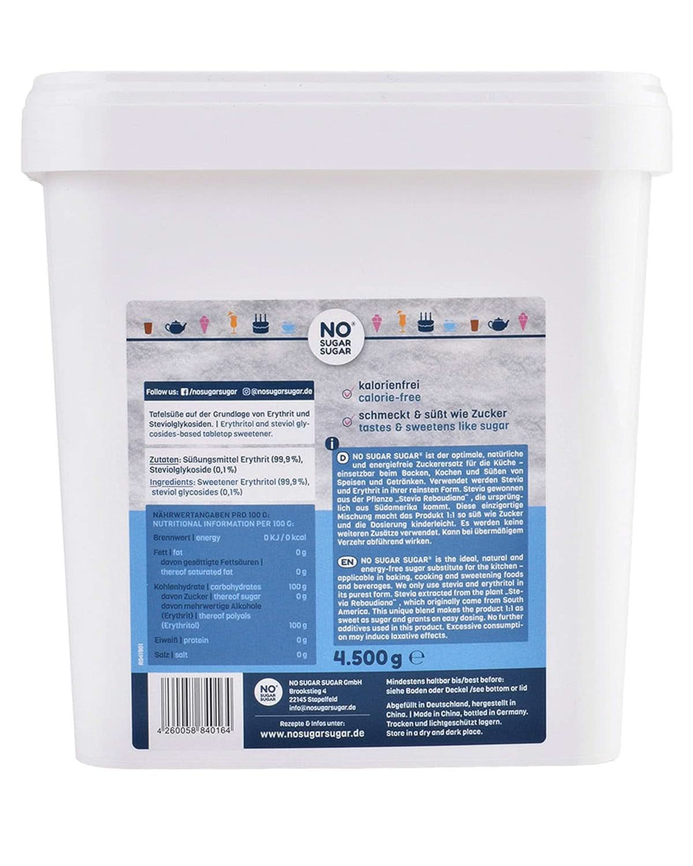 SIN AZÚCAR, Eritritol + Stevia Sustituto natural del azúcar sin calorías Dulzo 1:1 respecto al azúcar, sin sabor, 4,5 Kg Edulcorantes Naty Shop