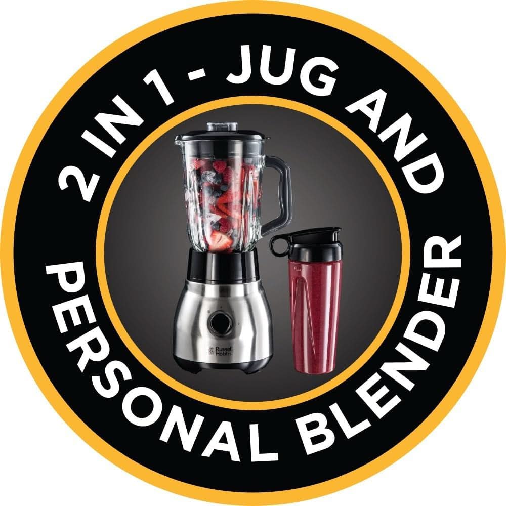 Russell Hobbs Batidora con base 2 en 1 [batidora con vaso de vidrio de 1,5 l y mini batidora de 0,6 l - To-Go-Trinkflasche Inkl. Deckel] Spülmaschinenfest, Función Impuls-/Ice-Crush, Becher BPA Frei, Edelstahl 23821-56 Cocina Naty Shop