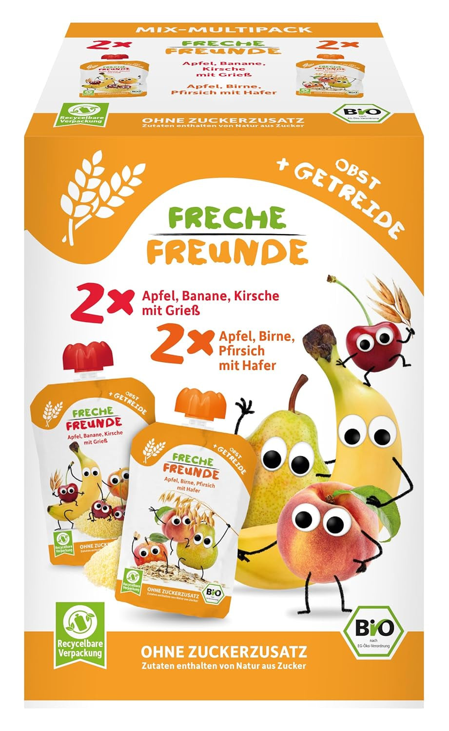 FRECHE FREUNDE Mezcla orgánica en bolsa exprimible multipack - Frutas + Cereales, Puré de frutas con cereales en bolsa exprimible para bebés a partir de 6 meses, vegano, paquete de 3, 3 x (4 x 100 g)