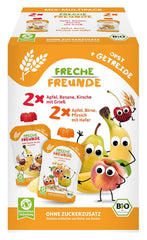 FRECHE FREUNDE Mezcla orgánica en bolsa exprimible multipack - Frutas + Cereales, Puré de frutas con cereales en bolsa exprimible para bebés a partir de 6 meses, vegano, paquete de 3, 3 x (4 x 100 g)