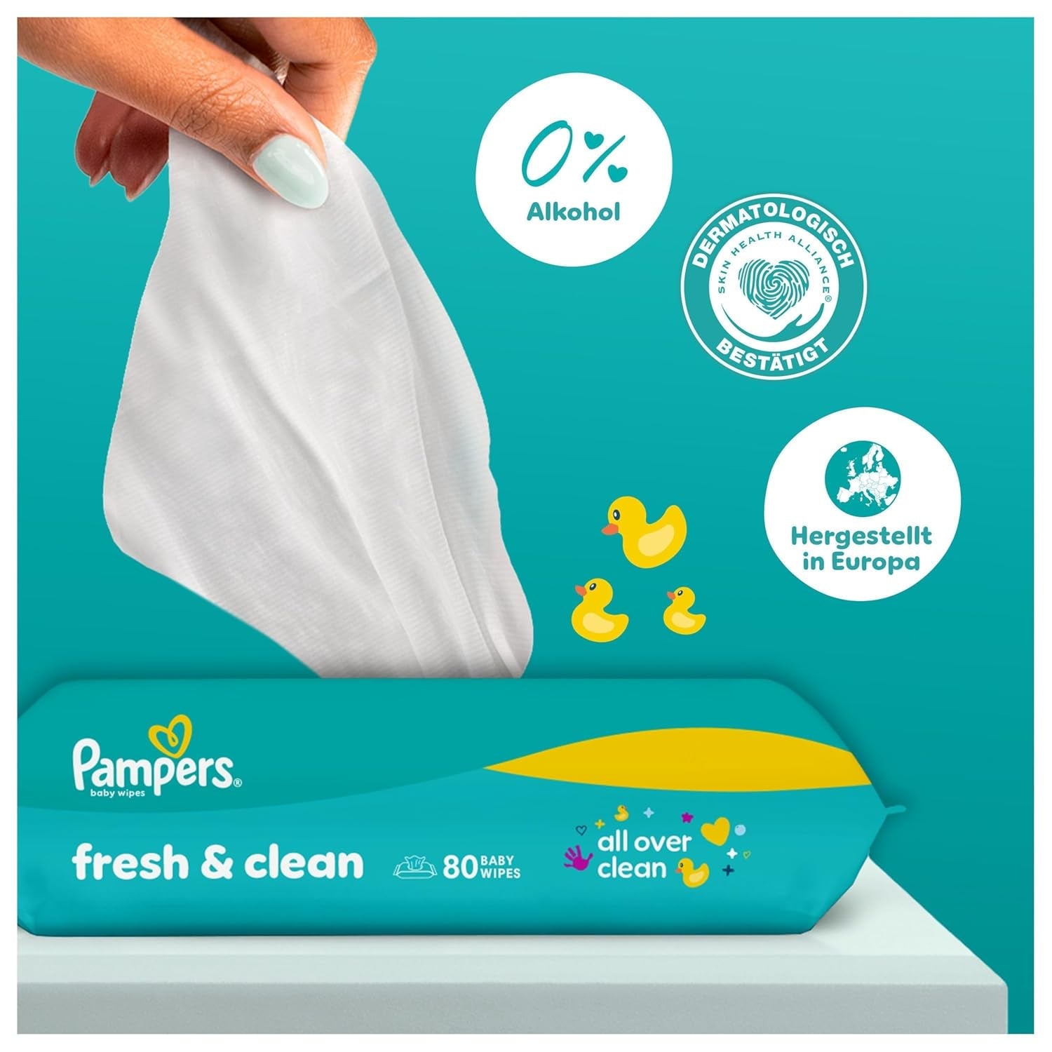 Toallitas húmedas Pampers Fresh Clean, 15 paquetes de 80 toallitas, 1200 toallitas en total, aroma ligero, también adecuadas para manos y rostro