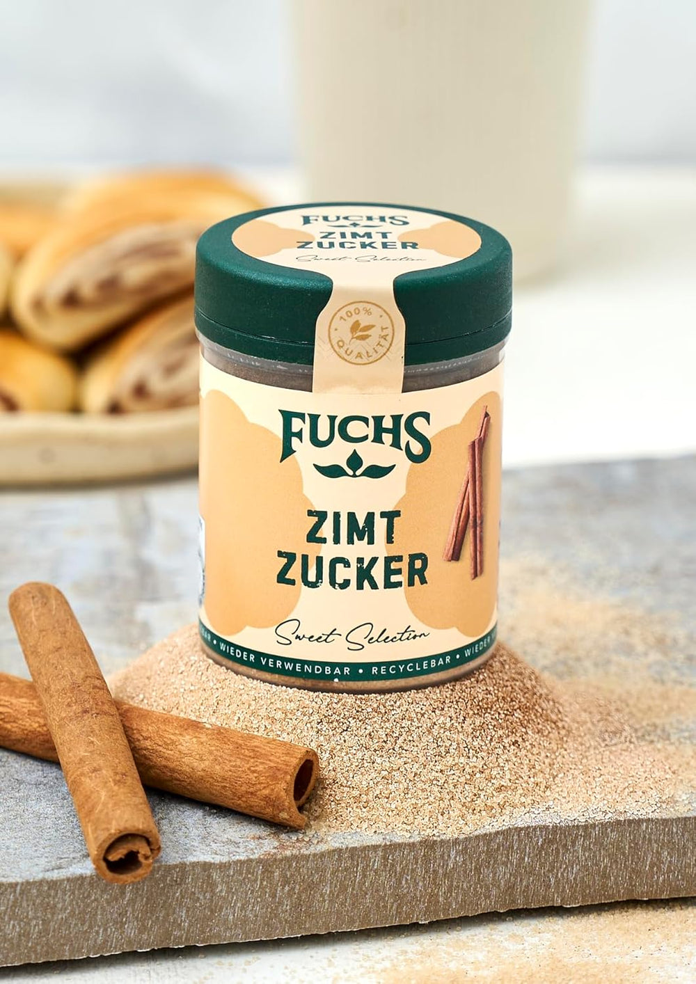 Fuchs Gewürze - Zimt Zucker - Klassiches Gewürz für Milchreis, Pfannkuchen oder Wafeln - aus natürliche Ingrediente - 100 g en wiederverwendbarer, recyclebarer Dosis