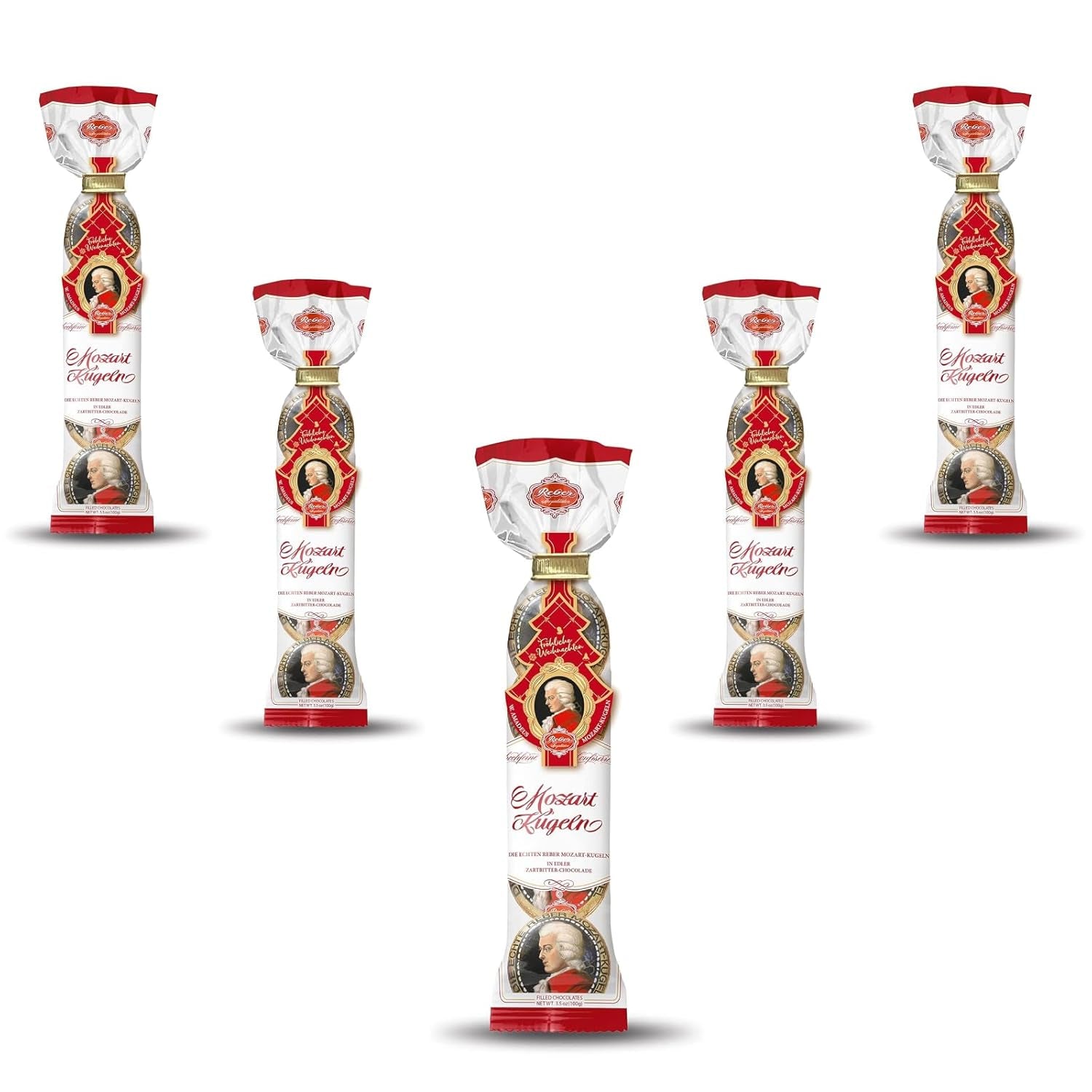 Bolas Reber Mozart - 5 bolsas de 5 dulces en la edición navideña - Auténticas bolas Reber Mozart, hechas de chocolate negro, mazapán y turrón