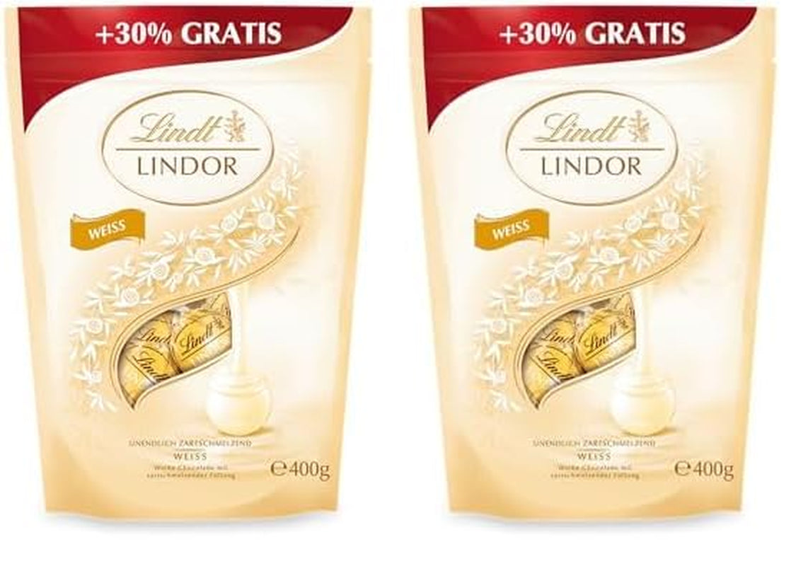 Bolas de chocolate blanco Lindor | 400 g aprox. 30 bolitas de chocolate blanco con relleno que se deshace en la boca | Regalo de chocolate | Regalo de chocolate (paquete de 2)