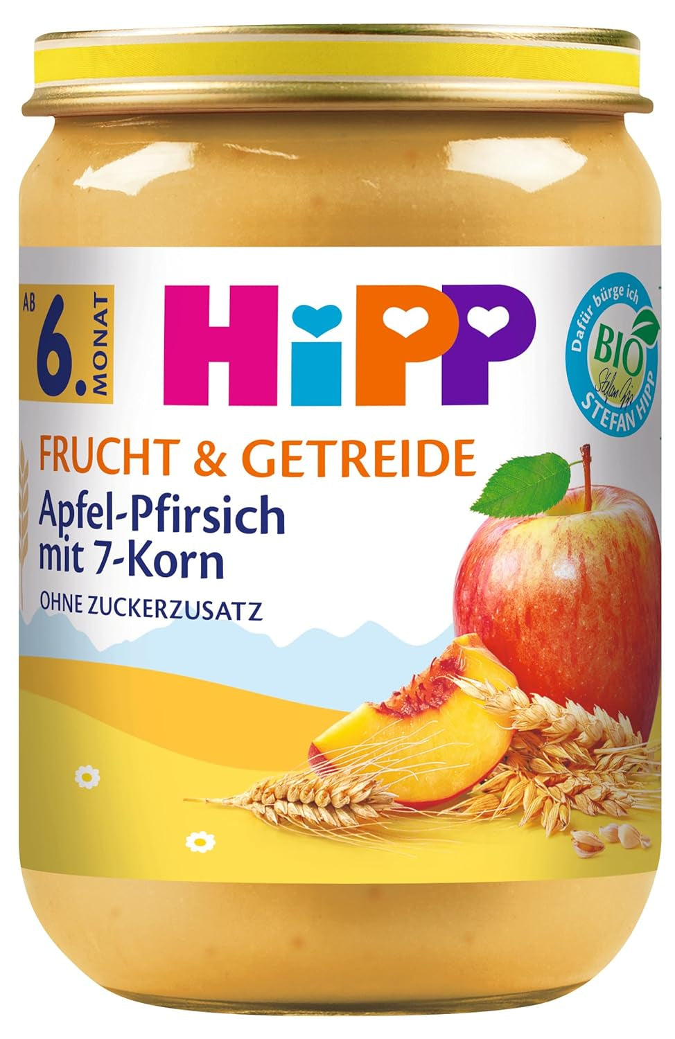 HiPP Fructe și Cereale Organice cu Măr și Piersică și 7 Cereale, pachet de 6 (6 x 190g)