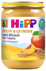 HiPP Fructe și Cereale Organice cu Măr și Piersică și 7 Cereale, pachet de 6 (6 x 190g)