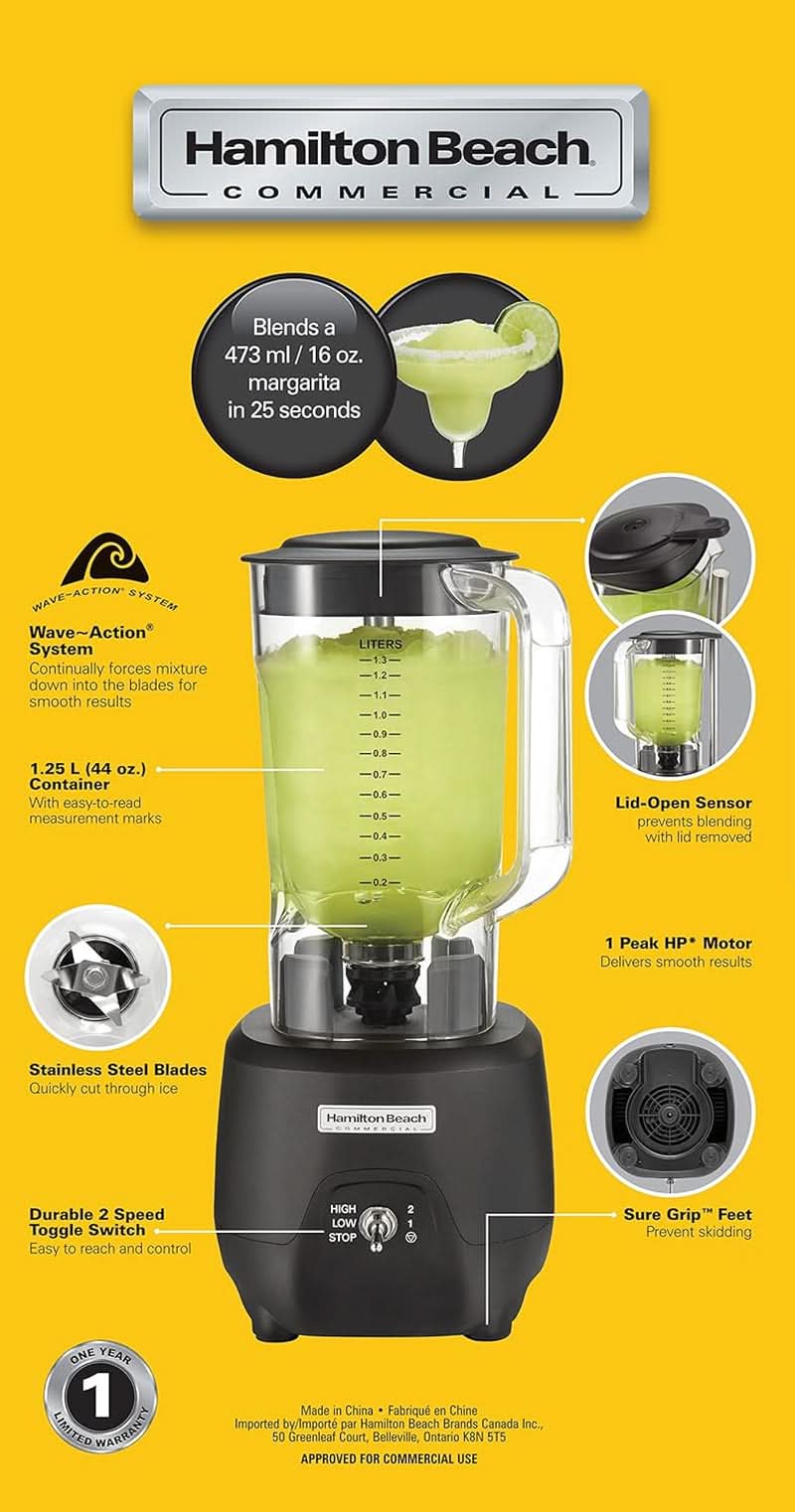 Hamilton Beach Commercial® 908®R Batidora de Barra, HBB908R-CE, 1 HP, Recipiente de Policarbonato de 1,3 L, 2 Velocidades, 220-240V, Cocina Negra Naty Shop