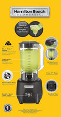 Hamilton Beach Commercial® 908®R Batidora de Barra, HBB908R-CE, 1 HP, Recipiente de Policarbonato de 1,3 L, 2 Velocidades, 220-240V, Cocina Negra Naty Shop