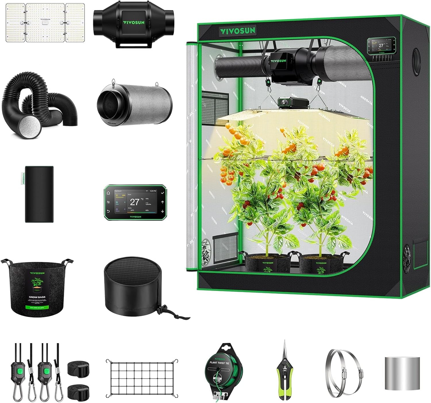 VIVOSUN Smart Grow Tent Full Set 60x60x120cm, sistema de cultivo automático WiFi integrado con luz LED de espectro completo de 100W y sistema de ventilación eficiente con controlador GrowHub E42A+