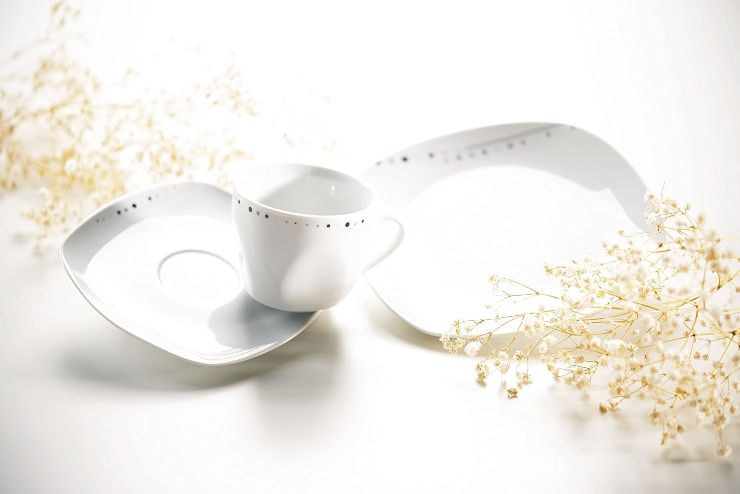 Mäser, seria Fadilla, set de veselă combinat cu 42 de piese, set de veselă din porțelan pentru 6 persoane, alb, negru, gri