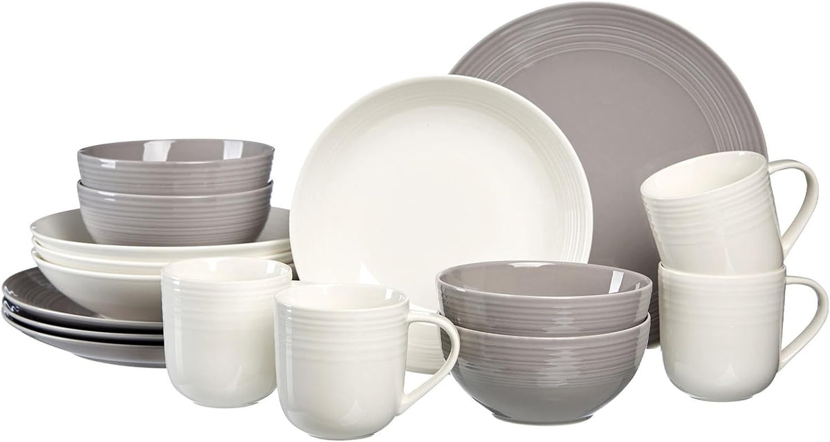 Set de veselă Ritzenhoff & Breker Levi, format din 16 piese, farfurii, boluri și căni pentru 4 persoane, design scandinav cu relief fin canelat, veselă mix & match, porțelan, alb-gri