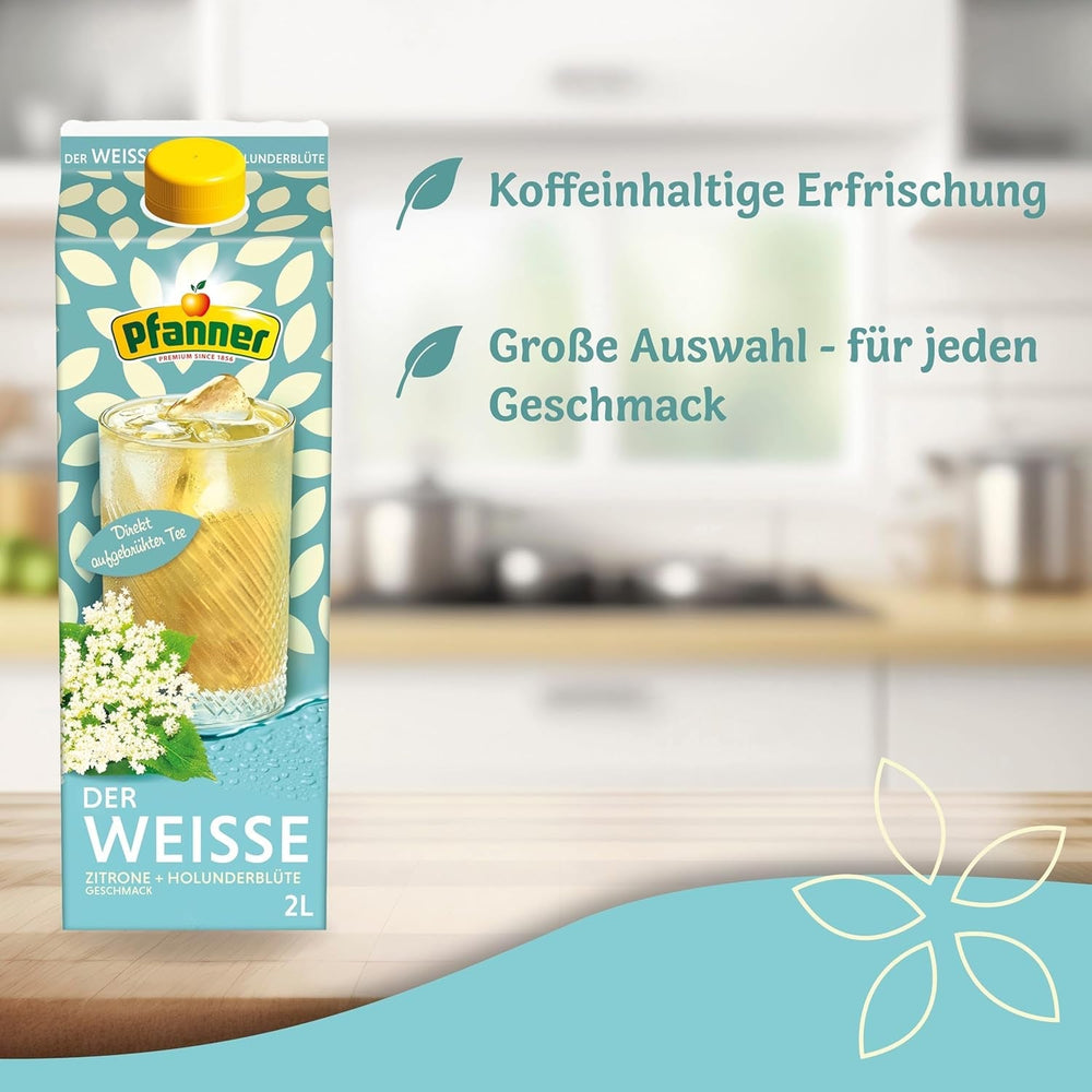 Pfanner Ceai rece cu lămâie albă și flori de soc – 2 L Tetra Pak - Ceai preparat direct cu suc de lămâie (pachet cu 6)