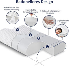 Pernă BedStory din spumă cu memorie, pernă cu suport pentru gât reglabilă pe înălțime, pernă ergonomică, pernă pentru dormit pe o parte pentru cei care dorm pe spate și pe burtă (60x36x12/10 cm)