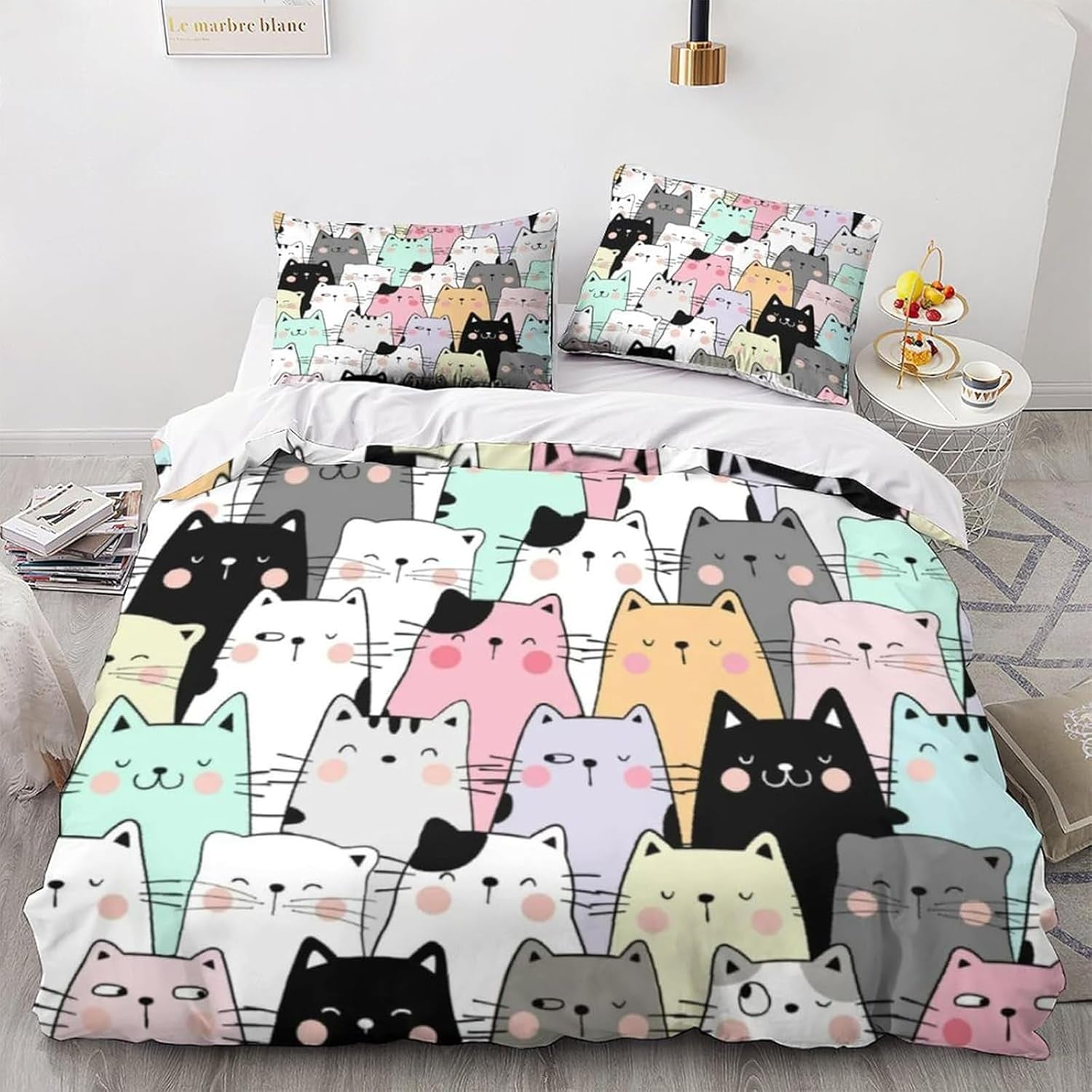 Kids Mädchen Cute Katze Kitty Katzenmotiv Bettwäsche Kinder Katzenbettwäsche Kinderbettwäsche Bed Duvet Cover Bedding Set 135×200Cm