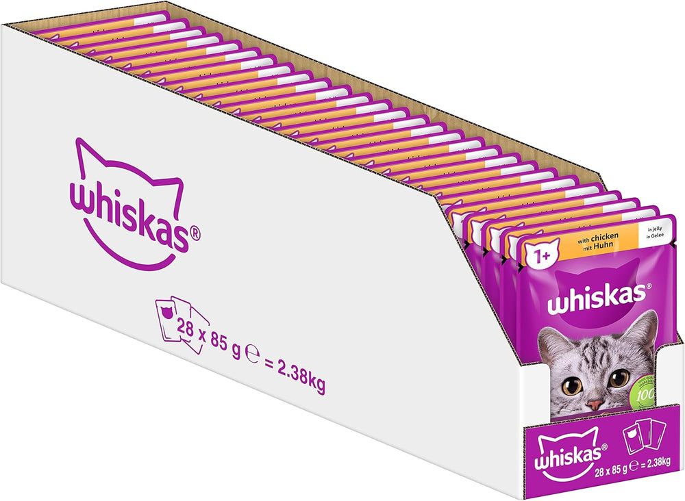 Hrană umedă Whiskas 1+ pentru pisici cu pui în jeleu, 28x85g (1 pachet) – Hrană umedă de înaltă calitate pentru pisici adulte în pliculețe cu 28 de porții