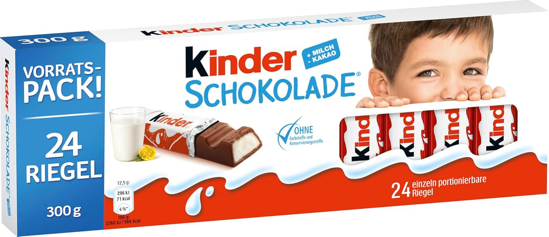 Kinder Chocolate - Barras de chocolate con leche rellenas - 1 paquete que contiene 24 barras individuales (24 x 12,5 g).