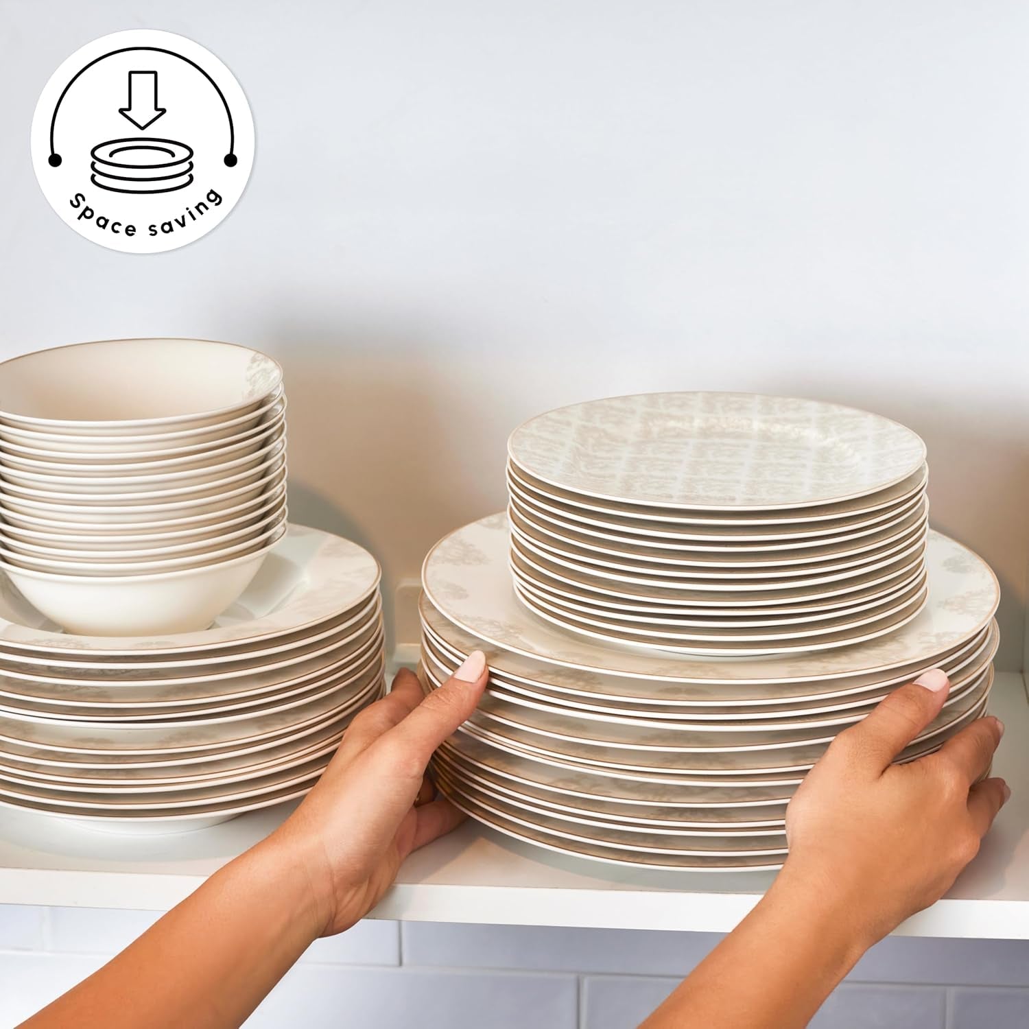 Karaca Elegance Bone Siena - set de veselă pentru 12 persoane, set modern de farfurii din porțelan, set de veselă cu boluri pentru supă, platou de servire, farfurii adânci, farfurii pentru desert - alb și auriu