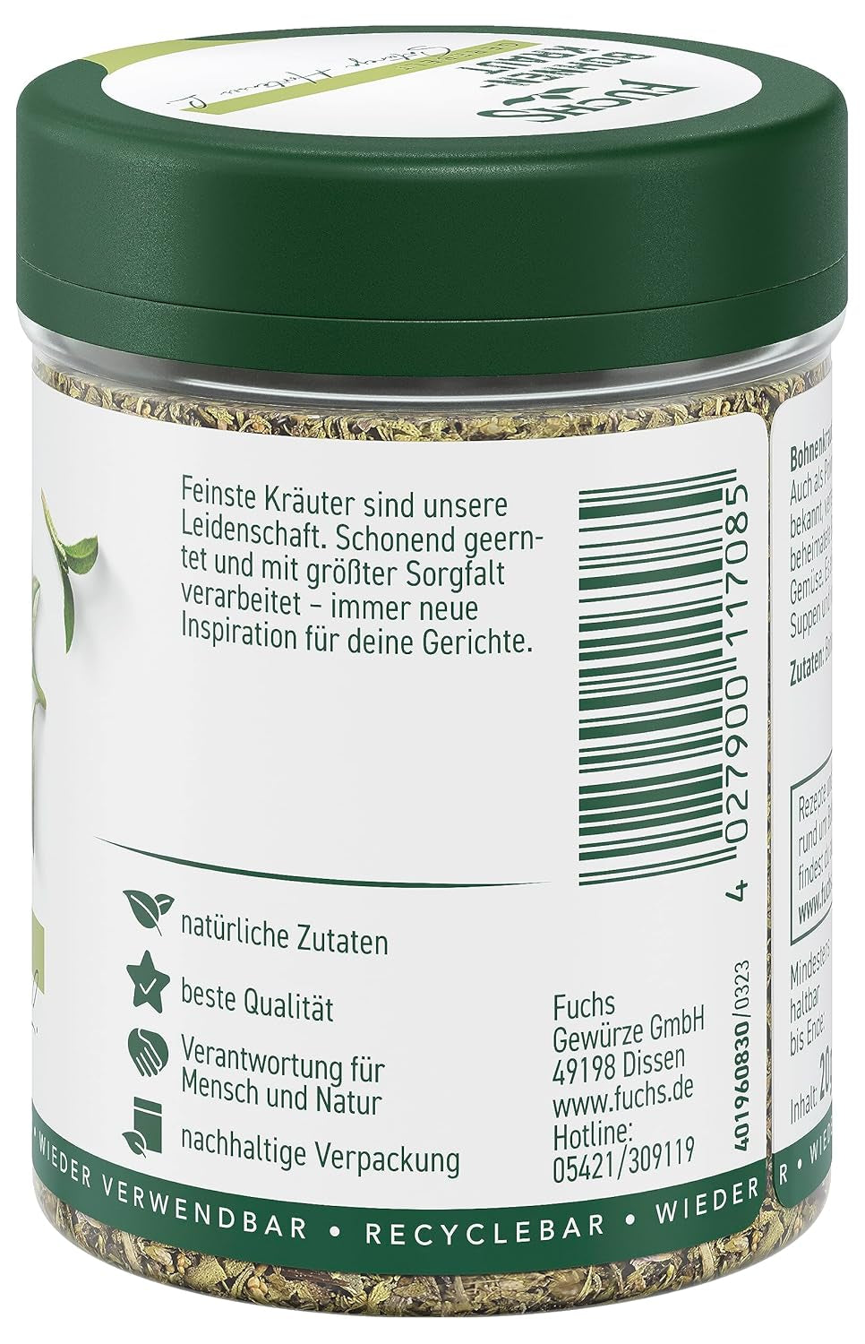 Fuchs Gewürze - Bohnenkraut gerebelt - ideal para Gemüsegerichte, Bohnengerichte oder Eintöpfe - ingredientes naturales - 20 g en wiederverwendbarer, recyclebarer Dosis
