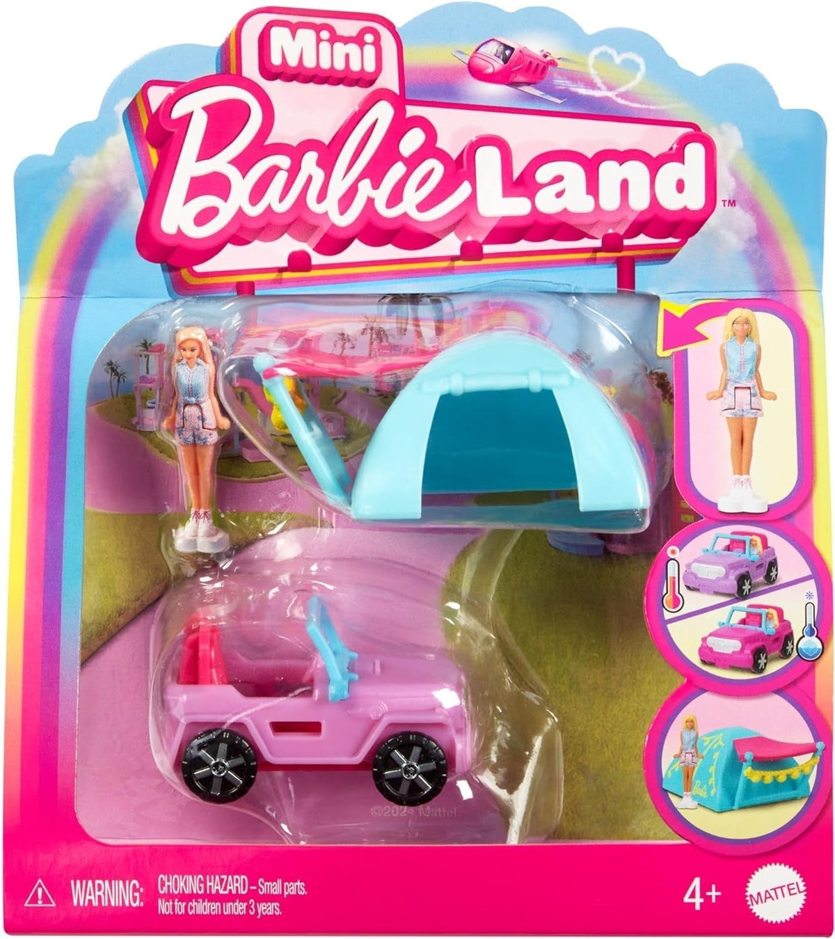 Barbie Mini Barbieland set de păpuși și vehicule de jucărie, păpușă de 1,5 inci și vehicul de jucărie iconic cu surpriză care își schimbă culoarea, HYF43 Papusi Naty Shop Jeep