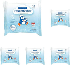Șervețele umede PAEDIPROTECT pentru bebeluși 1 x 10 bucăți, șervețele umede cu apă pentru bebeluși sensibili cu 99% apă, fără parfum, pentru pielea delicată a bebelușilor și copiilor, cu extract de cocos, fără microplastic, vegane (pachet de 5)