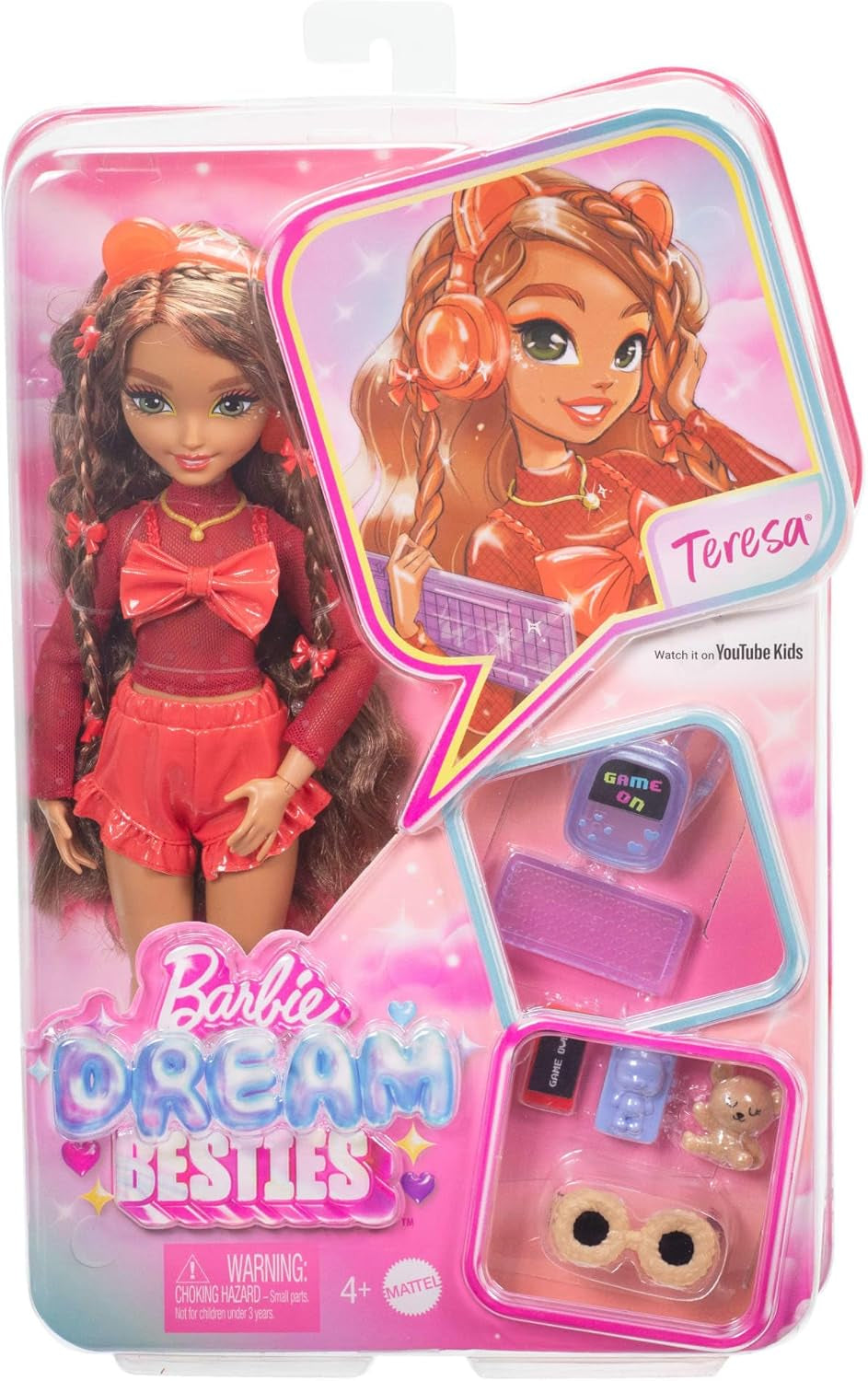 Barbie Dream Besties Muñeca y Accesorios, Muñeca Teresa Fashion Móvil con Cabello Castaño y Pinzas para el Cabello, Tema de Videojuego de 10 Piezas, HYC23 Naty Shop Dolls
