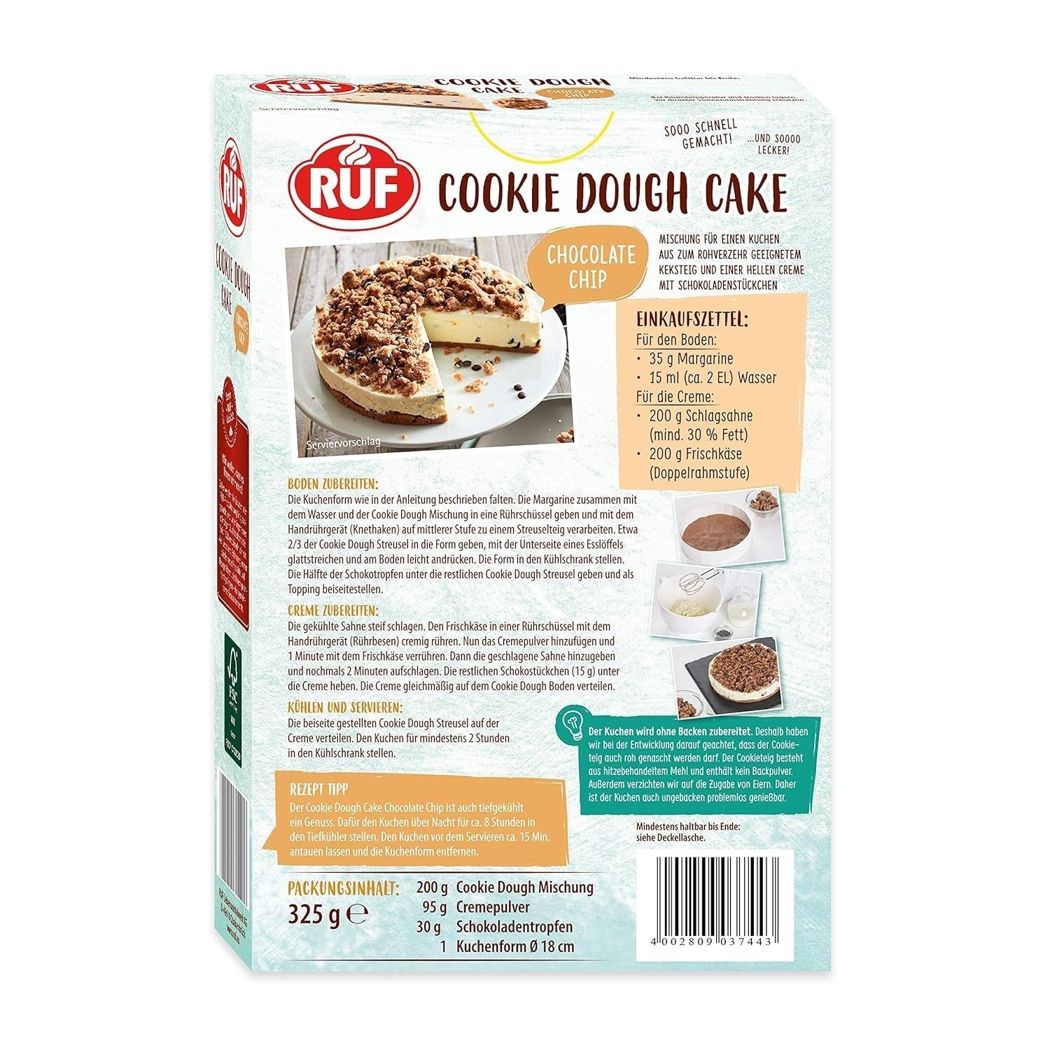 Pastel de masa para galletas RUF Ohne Backen, Tortenboden Aus Keksteig Mit Frischkäse-Creme Und Schokoladenstückchen, Inkl. Kuchenform, 1X325G Mezcla para hornear y cocinar Naty Shop
