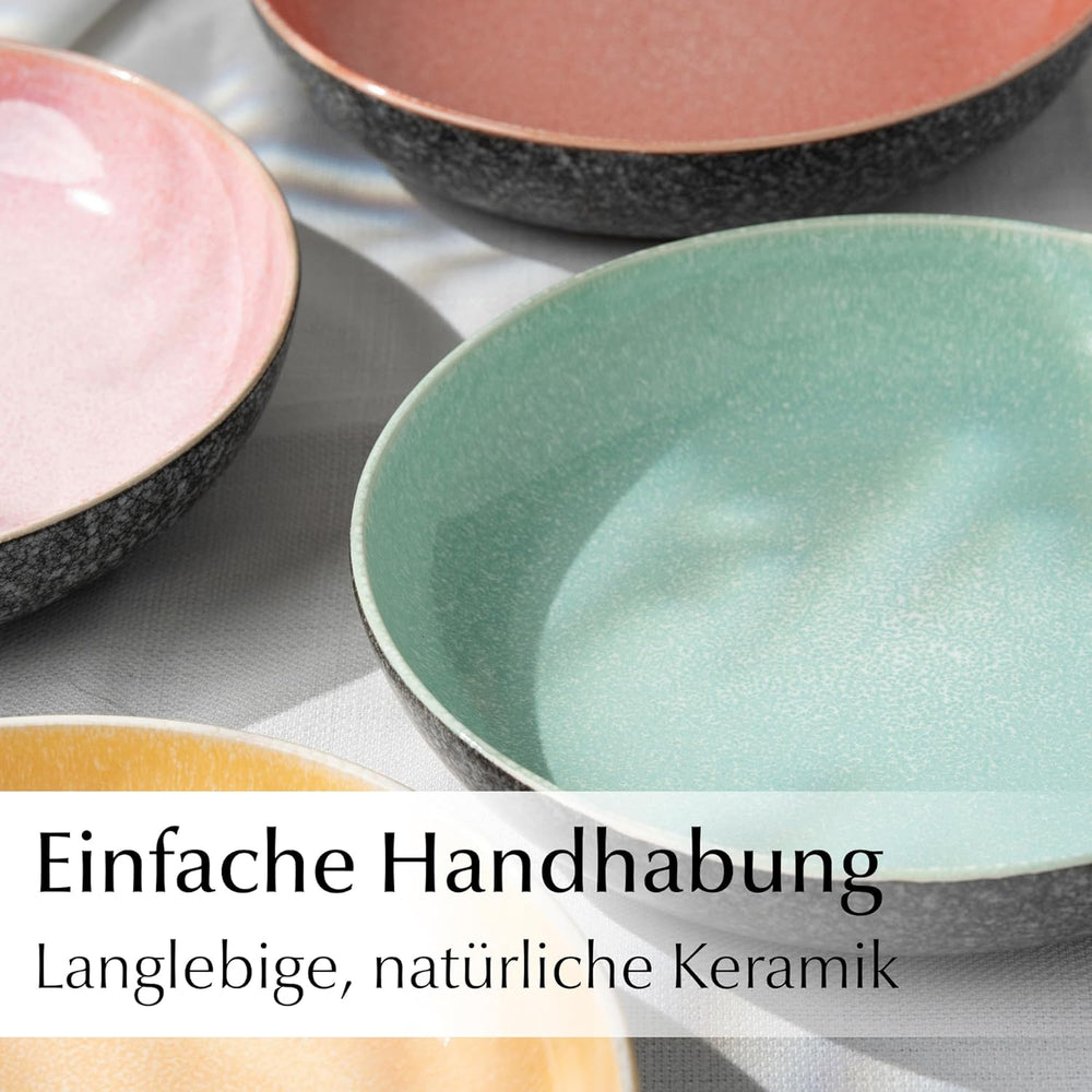 MIAMIO - Farfurii de masă, set de 6 (850 ml) / Farfurii mari și adânci pentru paste, set de farfurii pentru 6 persoane, bol de salată ceramic / Se poate spăla în mașina de spălat vase și în cuptorul cu microunde - Colecția Las Palmitas