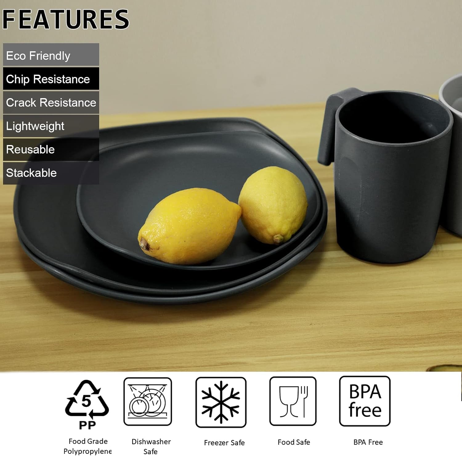 Set de veselă din PP | Set de veselă ușor și indestructibil, format din 16 piese, pentru copii și adulți, set combinat de masă cu 4 farfurii, 4 farfurii de desert, 4 boluri, 4 cești pentru 4 persoane