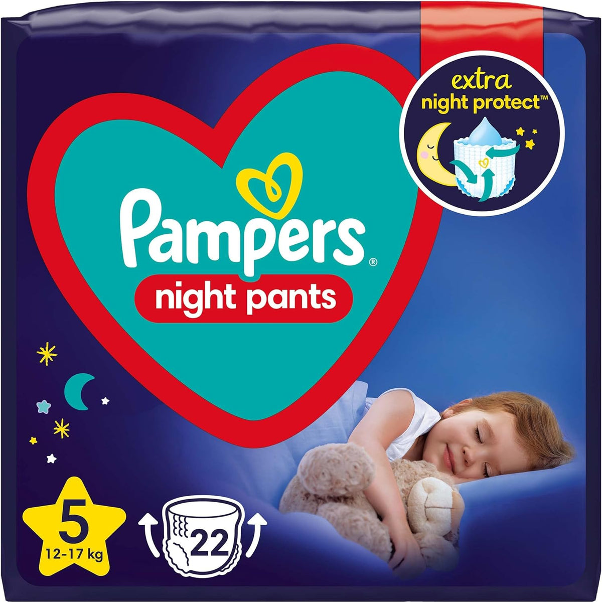 Pañales Pampers (versión antigua), pantalones de noche, talla 5, 22 piezas, 12 kg-17 kg