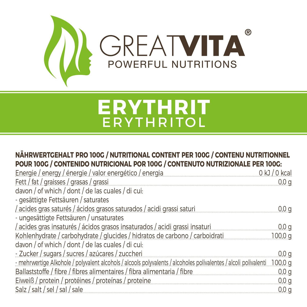 Greatvita Eritritol 1000 G | Kalorienfreie Süßungsmittel & Zucker-Alternativa | Zahnfreundlich, Gut Löslich y sin gluten | Ideal para comidas rápidas, postres y edulcorantes horneados Naty Shop