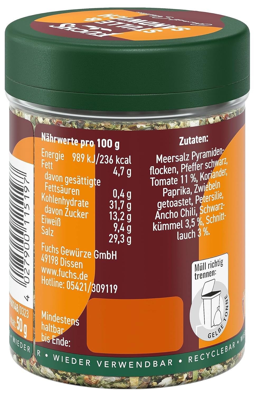 Fuchs Gewürze - Stulle und Sandwich Gewürz - crujiente Butterbrot Topping mit Pyramidenflocken und getoasteten Zwiebeln - aus natürliche Ingrediente - 50 g en wiederverwendbarer, recyclebarer Dosis