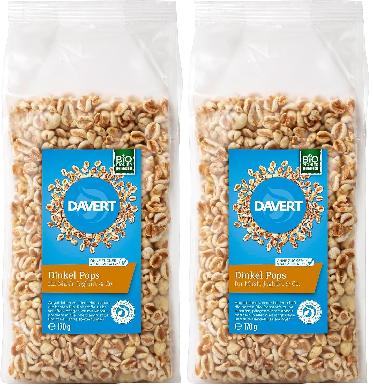 Davert Piruletas de Espelta 170 g – Frijoles de espelta expandidos aromatizados, aireados y ligeros con un delicado sabor tostado – 100% calidad orgánica Davert (1 x 170 g)