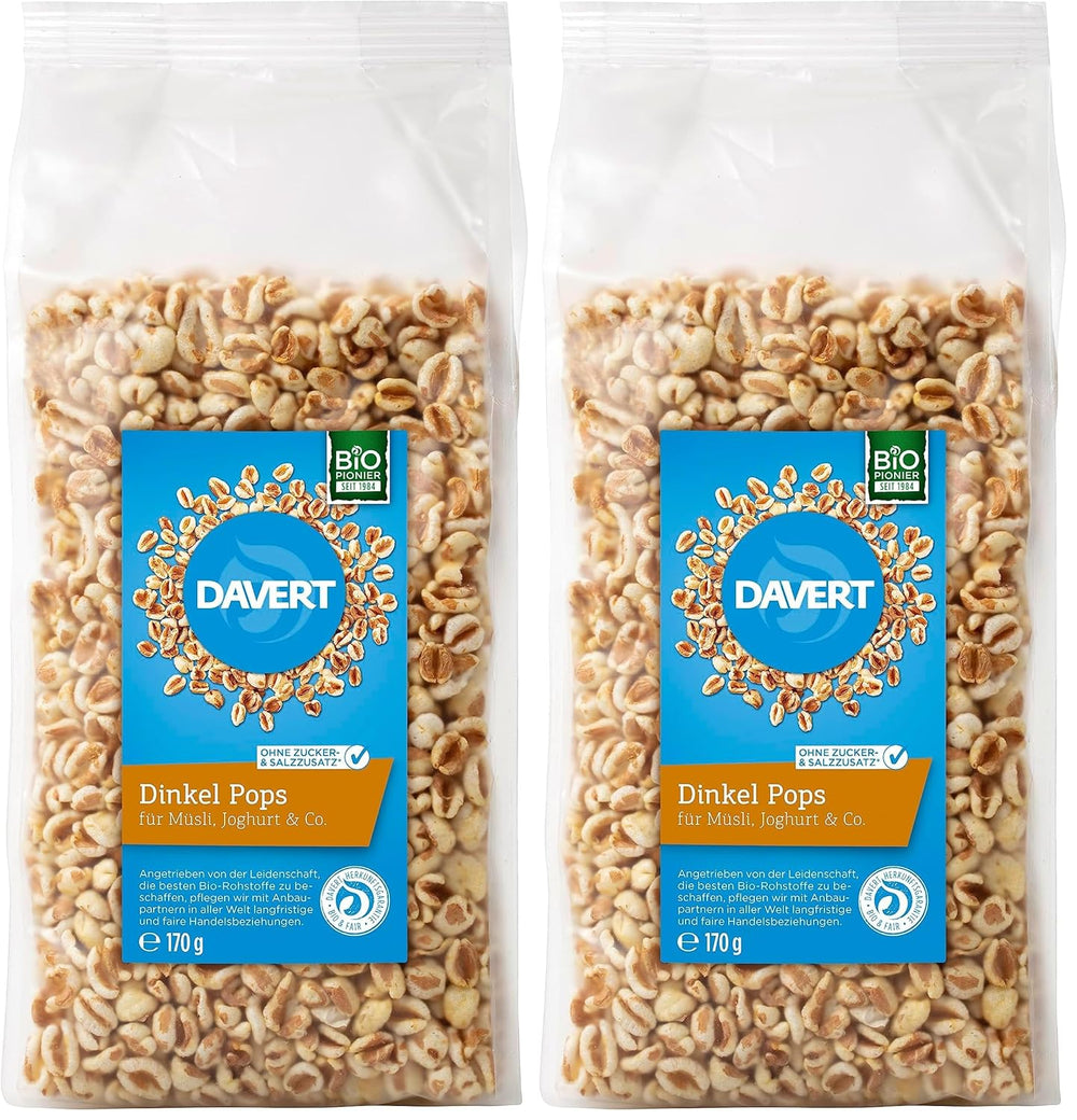 Davert Piruletas de Espelta 170 g – Frijoles de espelta expandidos aromatizados, aireados y ligeros con un delicado sabor tostado – 100% calidad orgánica Davert (1 x 170 g)