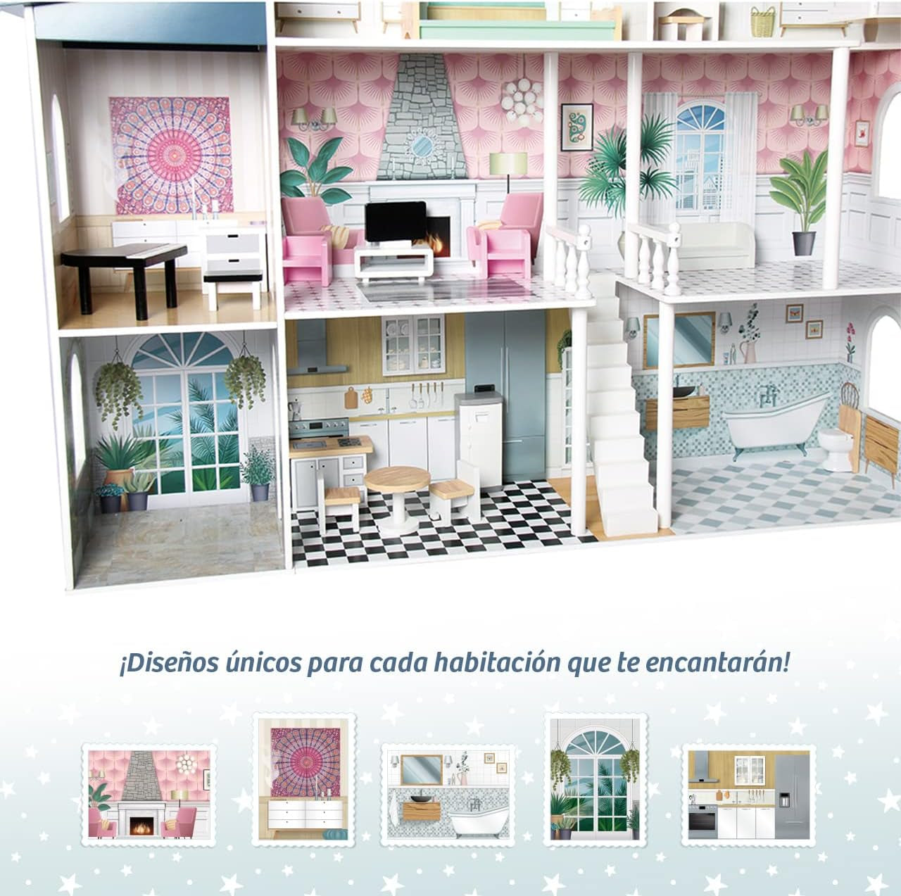 Deqube Casa de Muñecas de Madera, 4 Pisos, Casa de Muñecas con Decoración Diferente y Cuidada en Cada Habitación, con 17 Accesorios - Tamaño 135 X 36 X 128 Cm (913D00016) Naty Shop Casas de Muñecas