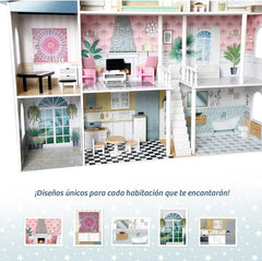 Deqube Casa de Muñecas de Madera, 4 Pisos, Casa de Muñecas con Decoración Diferente y Cuidada en Cada Habitación, con 17 Accesorios - Tamaño 135 X 36 X 128 Cm (913D00016) Naty Shop Casas de Muñecas