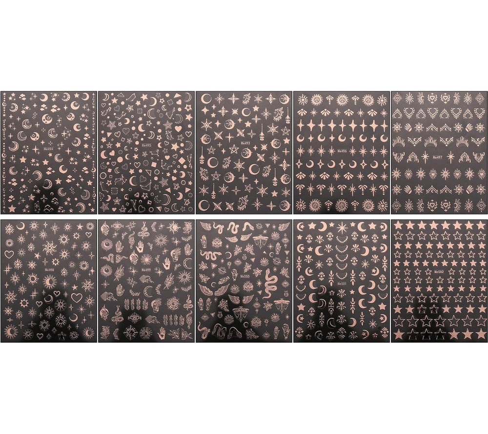 JMEOWIO Nagelsticker Mond Stern 10 Blatt Nail Art Sticker Selbstklebend Nagelaufkleber Roségold Dekoration Nageldesign Zubehör