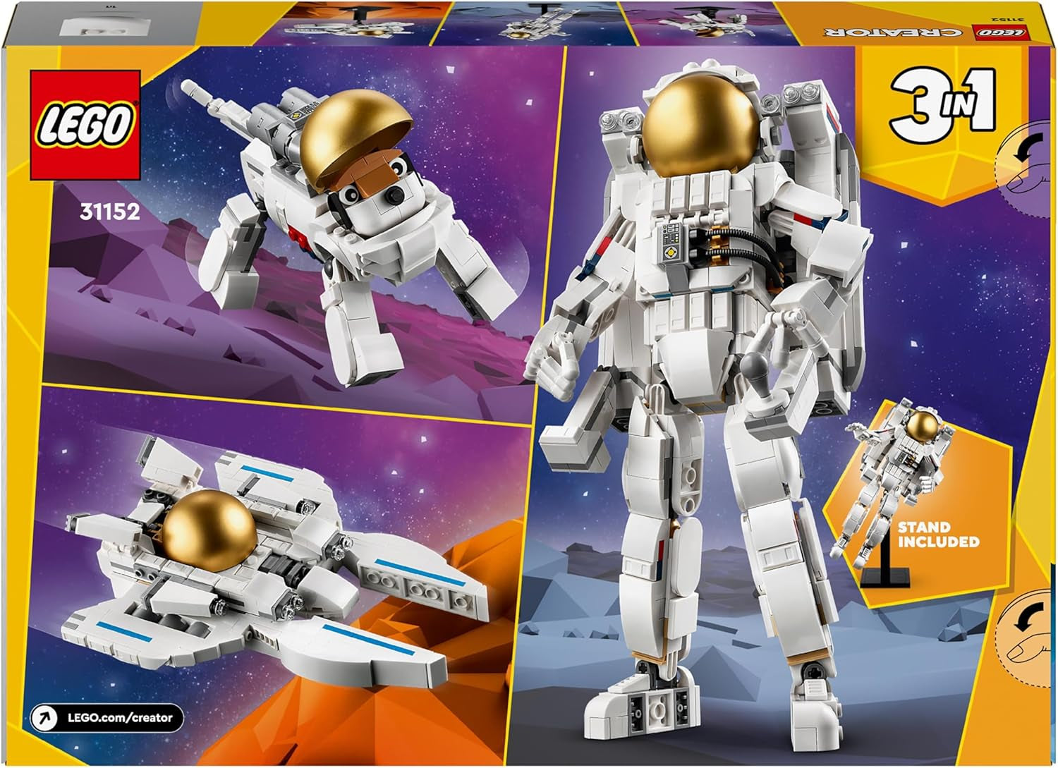 LEGO Creator Juguete de Astronauta Espacial 3 en 1, Kit de Modelo de Perro y Nave Espacial para niños, Decoraciones para jardín de Infantes, Regalo Creativo para niños y niñas de 9 años 31152 Juegos de construcción Besuche den LEGO-Store