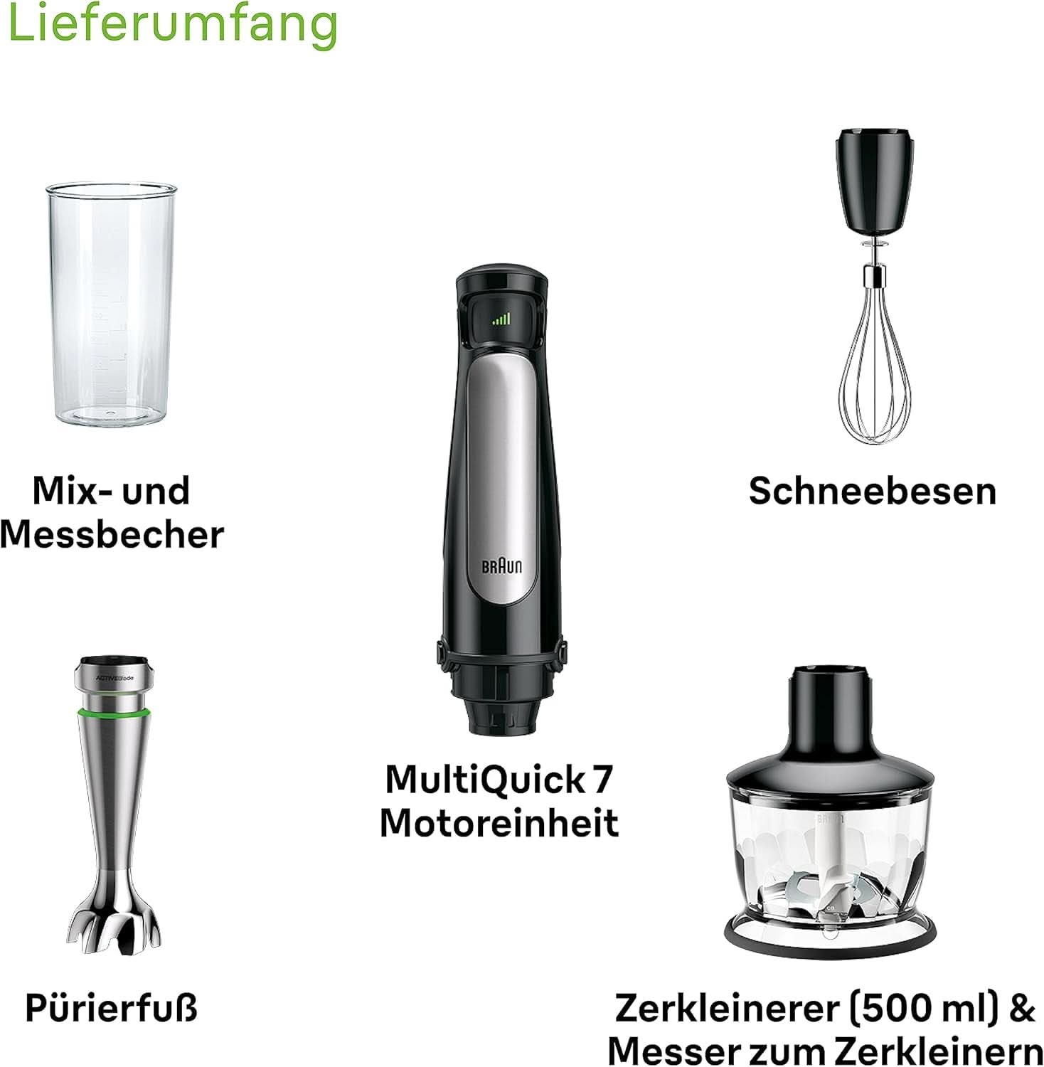 Braun Multiquick 7 MQ 7035X Stabmixer - Pürierstab Mit Abnehmbarem Edelstahl Mixfuß Mit Activeblade Technologie Zum Pürieren Der Härtesten Ingredient, Inkl. Juego de 3 piezas Zubehör, 1000 W, color negro Cocina Naty Shop