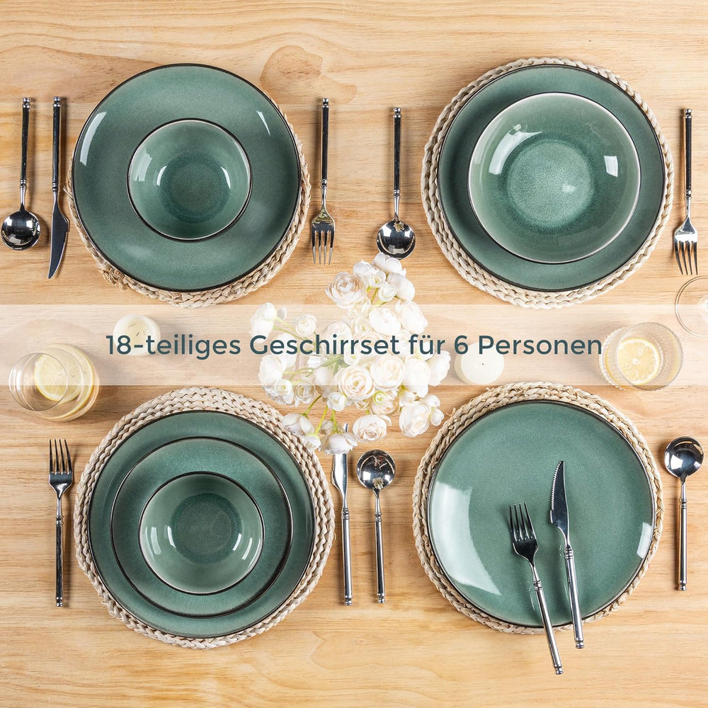 Set de veselă GBhome din gresie pentru 4 persoane, 12 piese, glazură reactivă, lucrat manual, potrivit pentru cuptorul cu microunde și mașina de spălat vase, set de bol și farfurie, culoare petrol, GDW025WB-EU