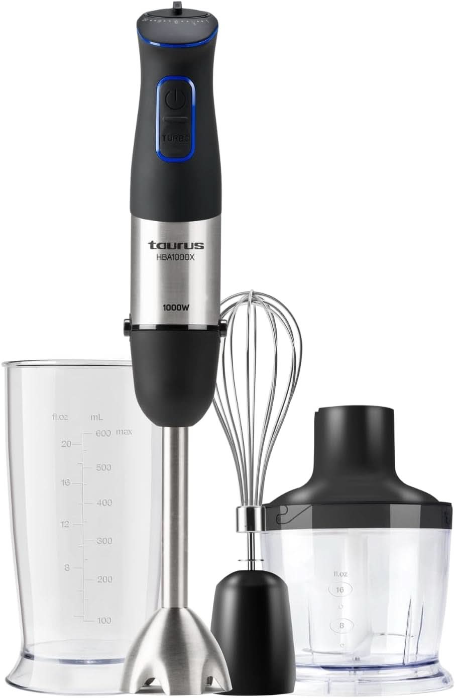 Batidora de Pie Taurus 1000W | 20 Geschwindigkeitstufen | Función turbo | 4 Edelstahlklingen | Diseño ergonómico suave al tacto | Spritzchutz | Accesorios | Edelstahl | Elektrisch |Kunststoff, Plata/Negro Madre e Hijo Naty Shop 1000W | 3 accesorios
