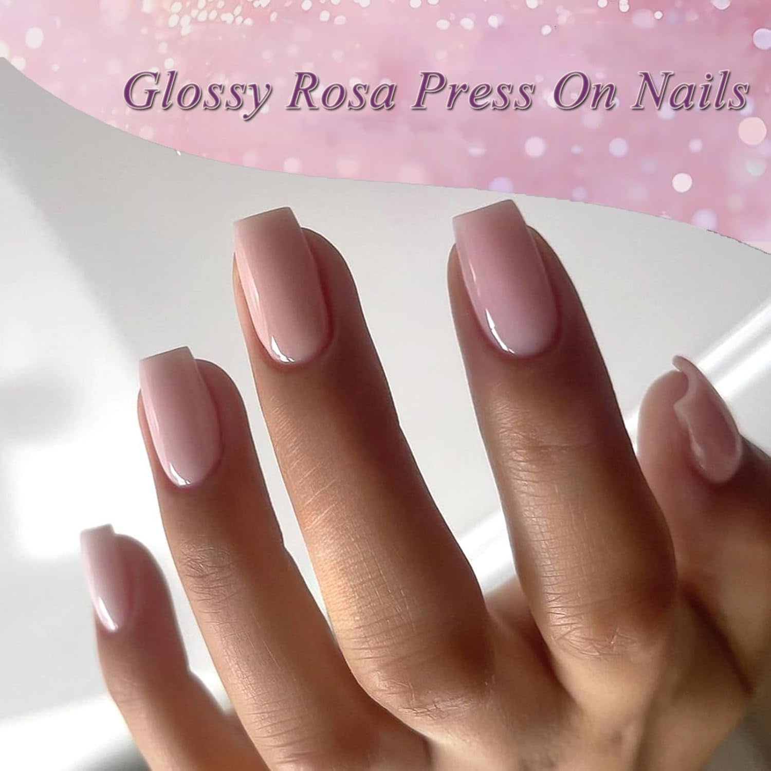 24 bucăți unghii false roz, culoare solidă, autoadezive, unghii artificiale neutre, pătrate medii, gel moale pentru femei, DIY, unghii false strălucitoare cu acoperire completă