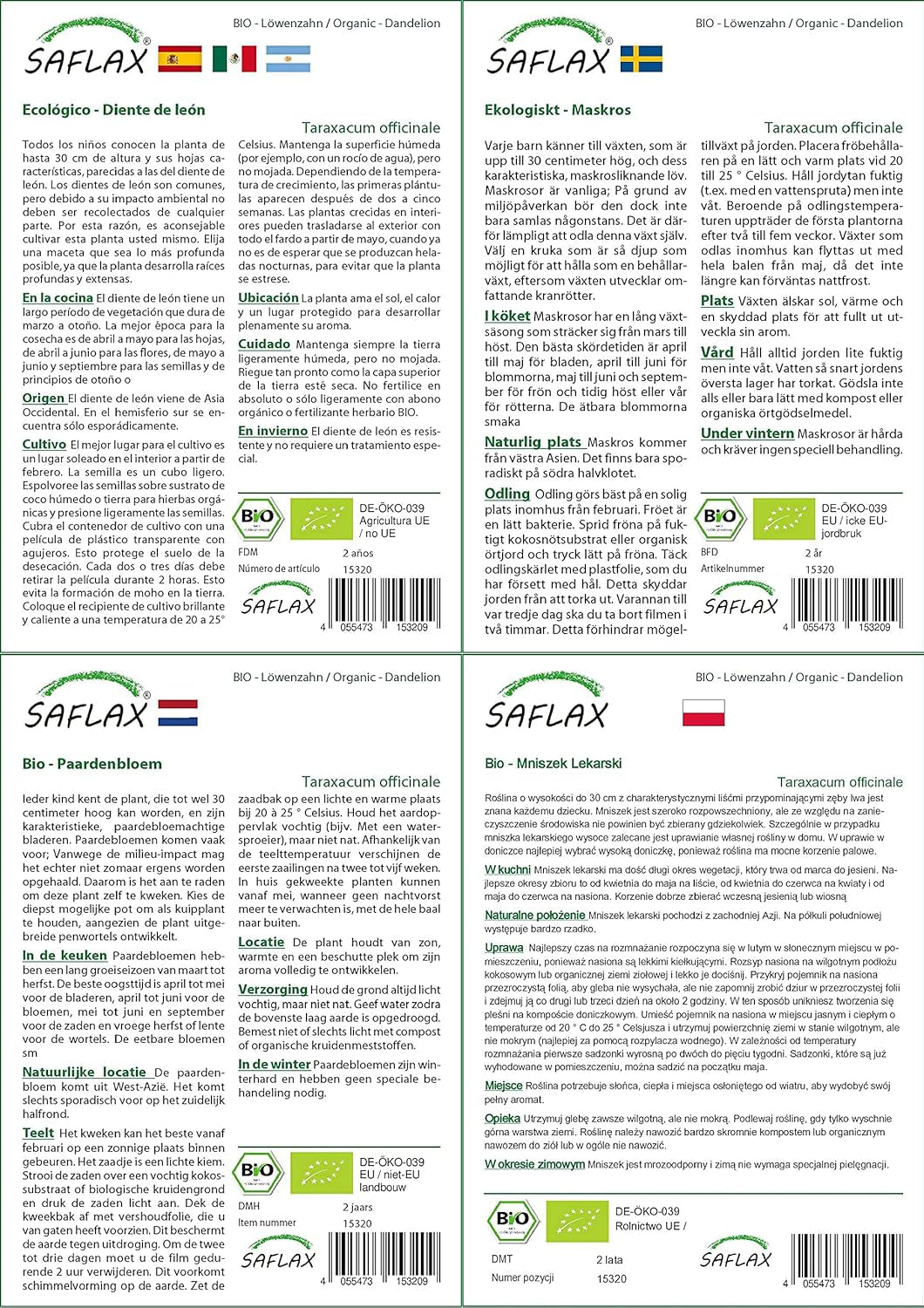 SAFLAX - BIO - Diente de león - 400 semillas - Taraxacum officinale