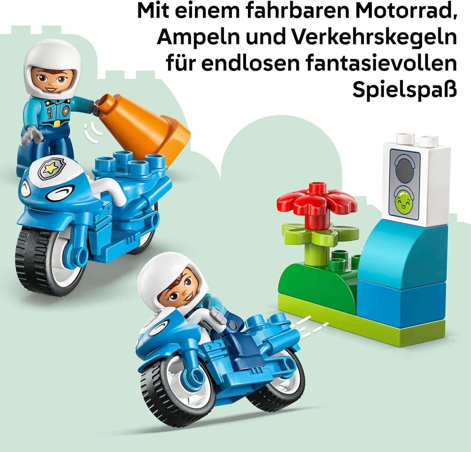 LEGO DUPLO Moto de policía azul - Lernspielzeug zur Förderung der Motorik für Kleinkinder - incl. Motorrad, Polizisten Figur und Verkehrsampel - Geschenk für Jungen und Mädchen ab 2 Jahren - 10471