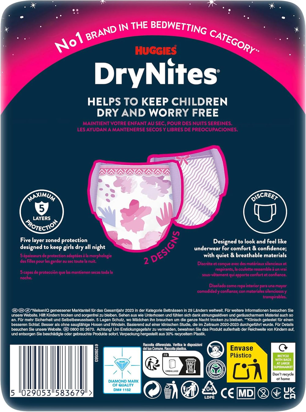 Huggies DryNites pañales para enuresis nocturnos para niñas de 13 a 17 años aproximadamente (48-60 kg), paquete mensual de 27 unidades (3x9)