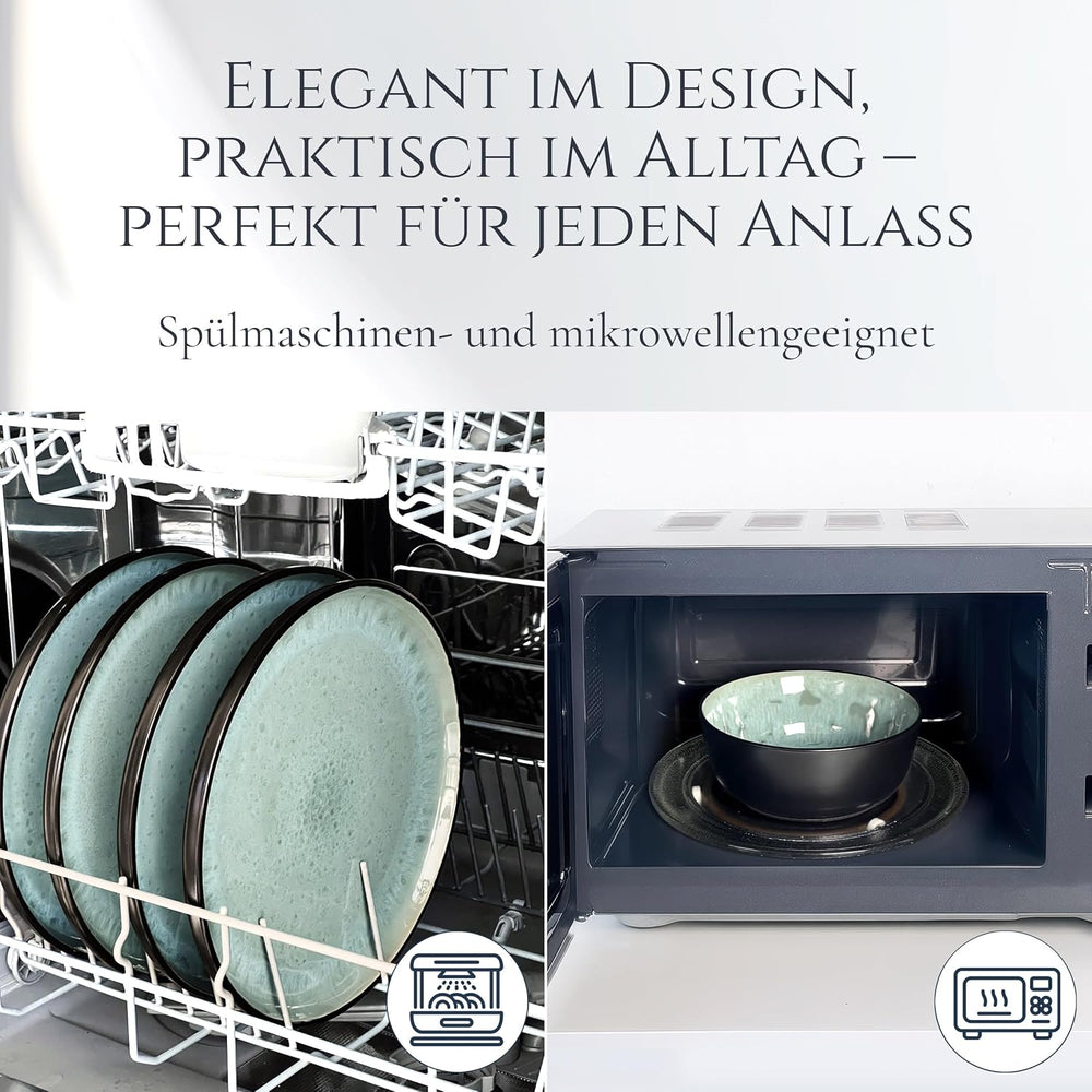 Set de veselă din gresie ceramică, format din 24 de piese, pentru 6 persoane, design Ibiza, CÂȘTIGĂTOR AL TESTULUI. Un set de veselă mediteraneană superb, inclusiv boluri și farfurii. Set de veselă Pure Living, verde salvie.