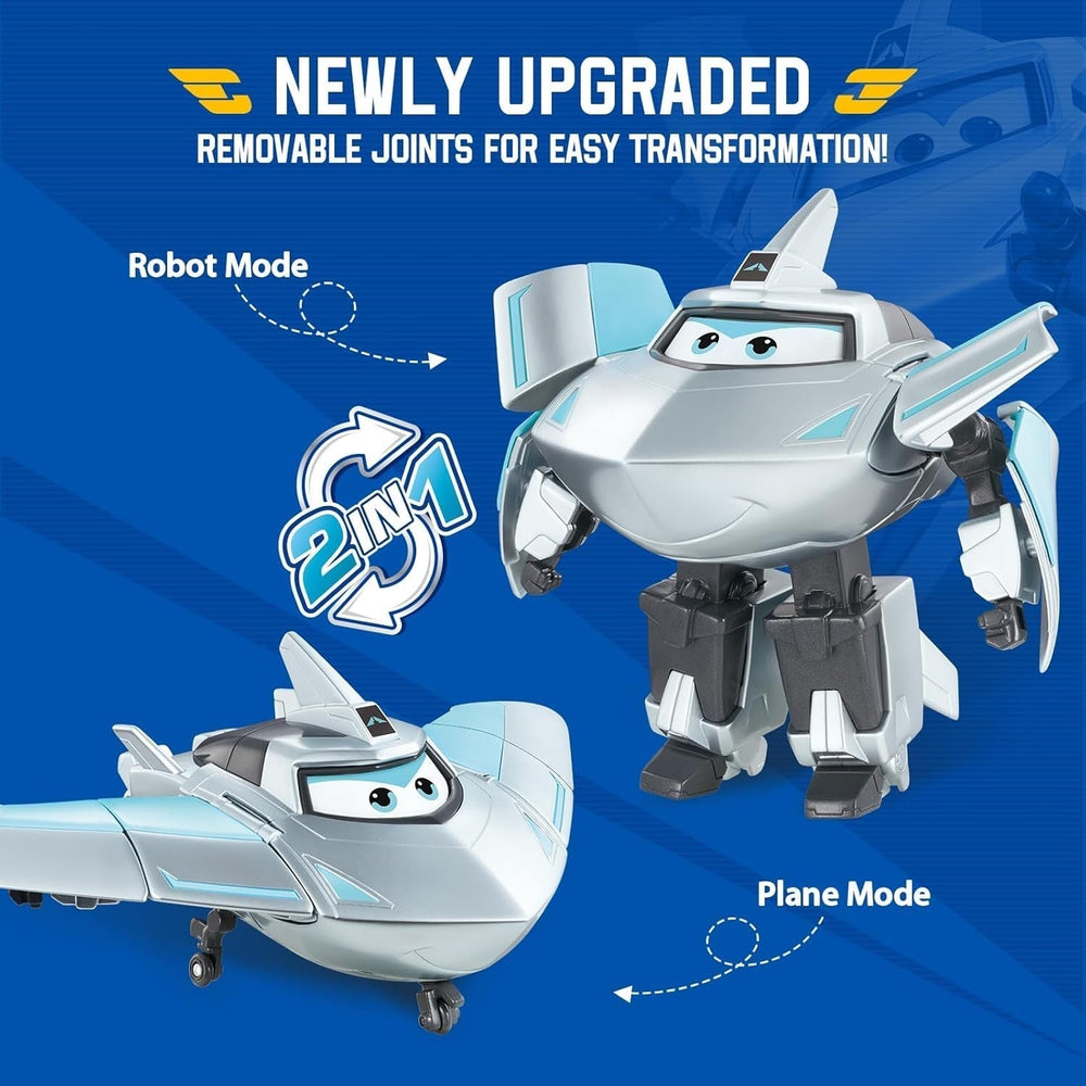 Avión de transformación Super Wings Traver sobrealimentado, aprox. Figura de juego grande para niños de 12,7 cm Figura de avión y robot de juguete para niños y niñas mayores de 3 años Figuras de acción plateadas Naty Shop