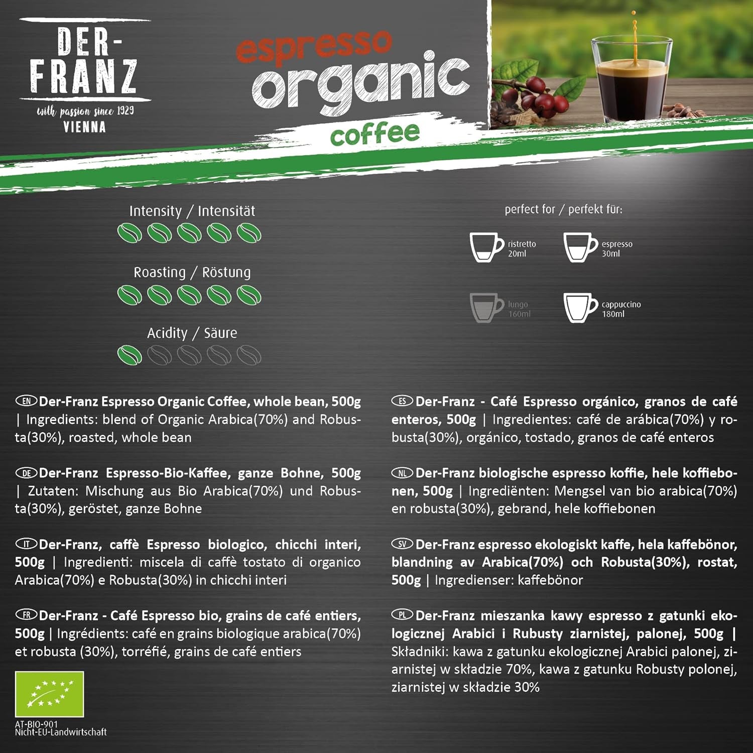 Der-Franz Espresso Organic Coffee, Intensitate 5/5, Arabica și Robusta organice, boabe întregi Cafea Naty Shop